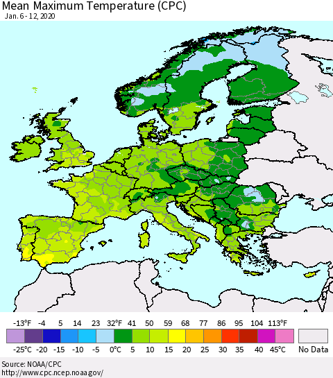 Europe Mean Maximum Temperature (CPC) Thematic Map For 1/6/2020 - 1/12/2020