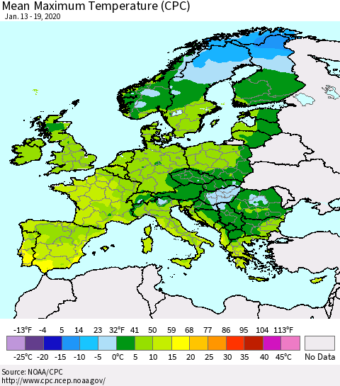 Europe Mean Maximum Temperature (CPC) Thematic Map For 1/13/2020 - 1/19/2020