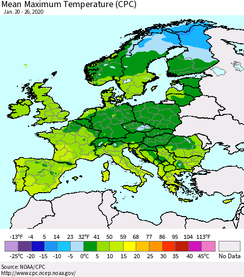 Europe Mean Maximum Temperature (CPC) Thematic Map For 1/20/2020 - 1/26/2020