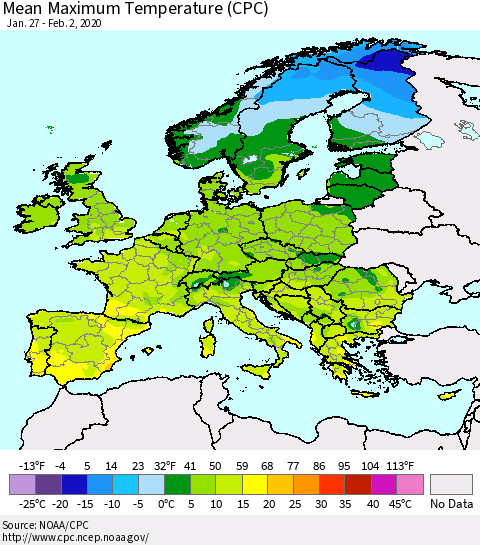 Europe Mean Maximum Temperature (CPC) Thematic Map For 1/27/2020 - 2/2/2020