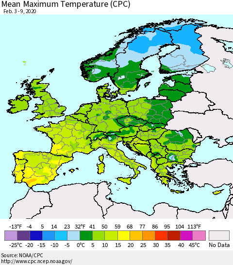 Europe Mean Maximum Temperature (CPC) Thematic Map For 2/3/2020 - 2/9/2020