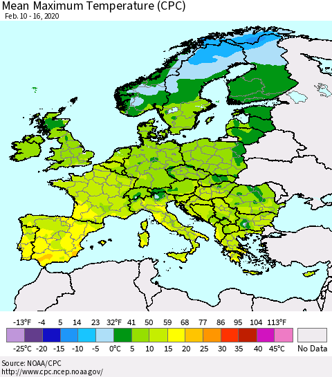 Europe Mean Maximum Temperature (CPC) Thematic Map For 2/10/2020 - 2/16/2020