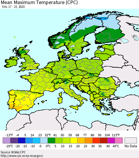 Europe Mean Maximum Temperature (CPC) Thematic Map For 2/17/2020 - 2/23/2020