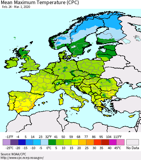 Europe Mean Maximum Temperature (CPC) Thematic Map For 2/24/2020 - 3/1/2020