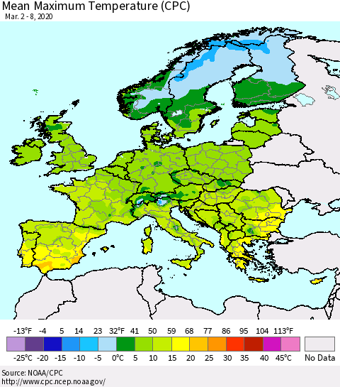 Europe Mean Maximum Temperature (CPC) Thematic Map For 3/2/2020 - 3/8/2020