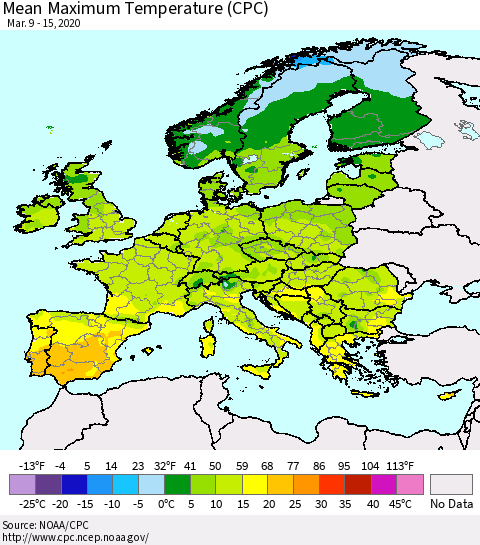 Europe Mean Maximum Temperature (CPC) Thematic Map For 3/9/2020 - 3/15/2020