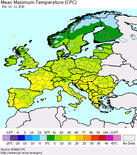 Europe Mean Maximum Temperature (CPC) Thematic Map For 3/16/2020 - 3/22/2020
