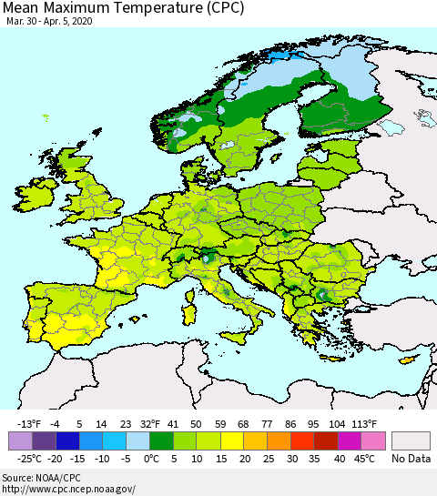 Europe Mean Maximum Temperature (CPC) Thematic Map For 3/30/2020 - 4/5/2020