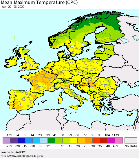 Europe Mean Maximum Temperature (CPC) Thematic Map For 4/20/2020 - 4/26/2020