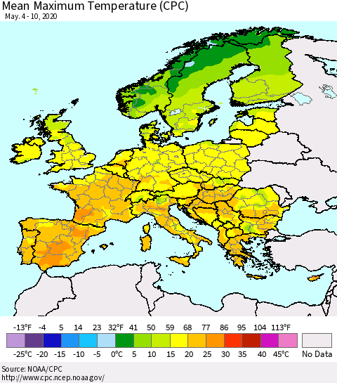 Europe Mean Maximum Temperature (CPC) Thematic Map For 5/4/2020 - 5/10/2020