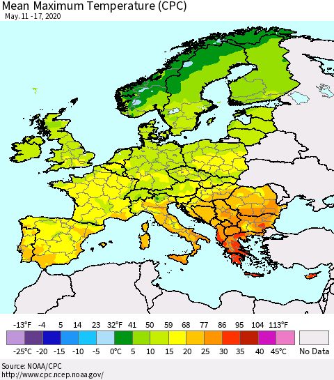 Europe Mean Maximum Temperature (CPC) Thematic Map For 5/11/2020 - 5/17/2020