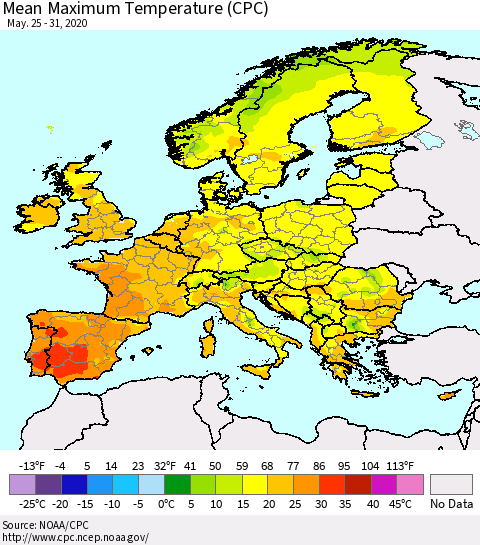 Europe Mean Maximum Temperature (CPC) Thematic Map For 5/25/2020 - 5/31/2020