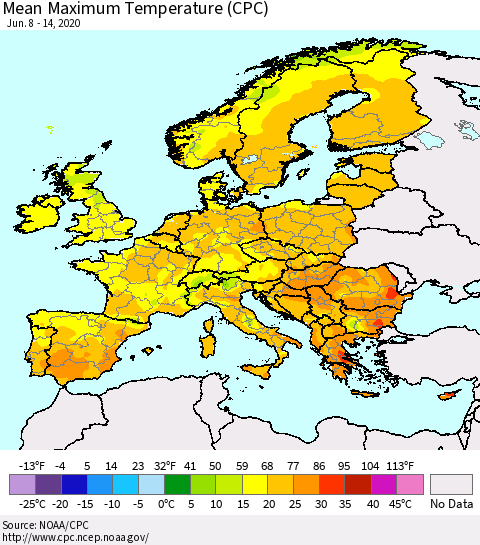 Europe Mean Maximum Temperature (CPC) Thematic Map For 6/8/2020 - 6/14/2020