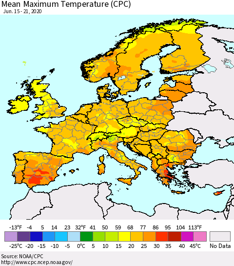 Europe Mean Maximum Temperature (CPC) Thematic Map For 6/15/2020 - 6/21/2020