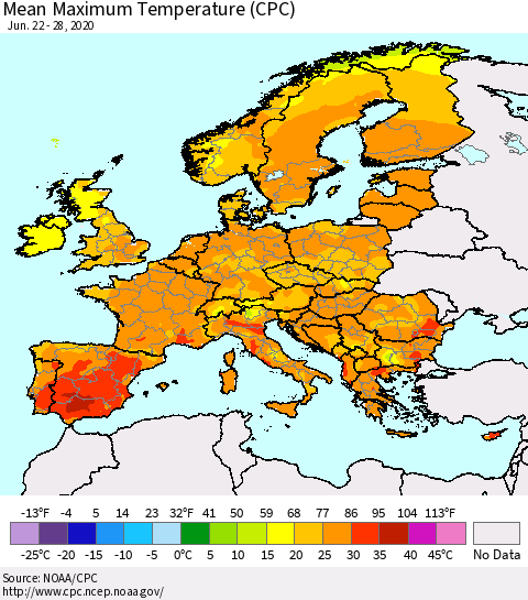 Europe Mean Maximum Temperature (CPC) Thematic Map For 6/22/2020 - 6/28/2020