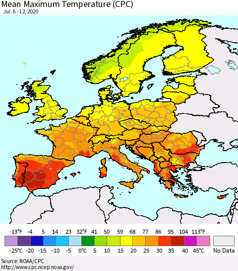 Europe Mean Maximum Temperature (CPC) Thematic Map For 7/6/2020 - 7/12/2020