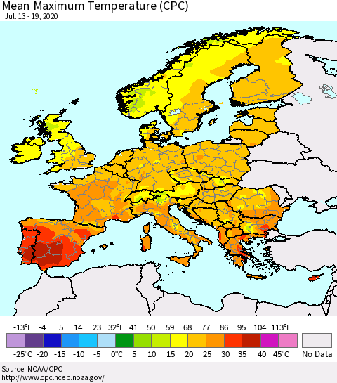 Europe Mean Maximum Temperature (CPC) Thematic Map For 7/13/2020 - 7/19/2020