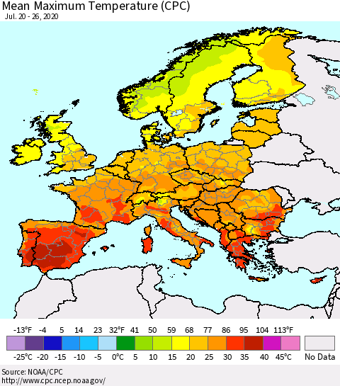 Europe Mean Maximum Temperature (CPC) Thematic Map For 7/20/2020 - 7/26/2020