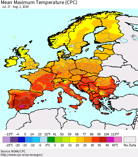 Europe Mean Maximum Temperature (CPC) Thematic Map For 7/27/2020 - 8/2/2020