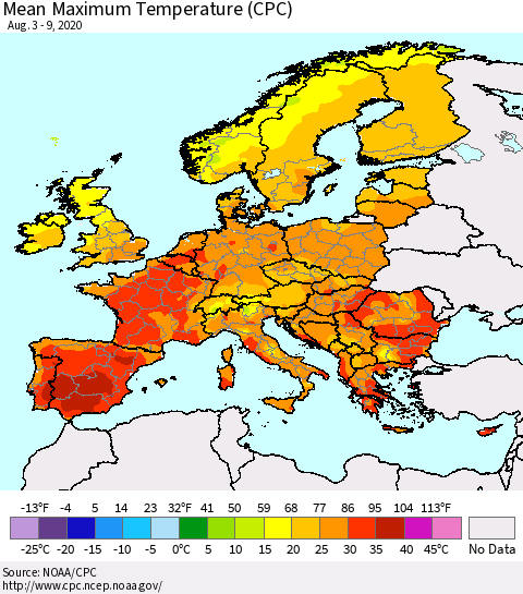 Europe Mean Maximum Temperature (CPC) Thematic Map For 8/3/2020 - 8/9/2020