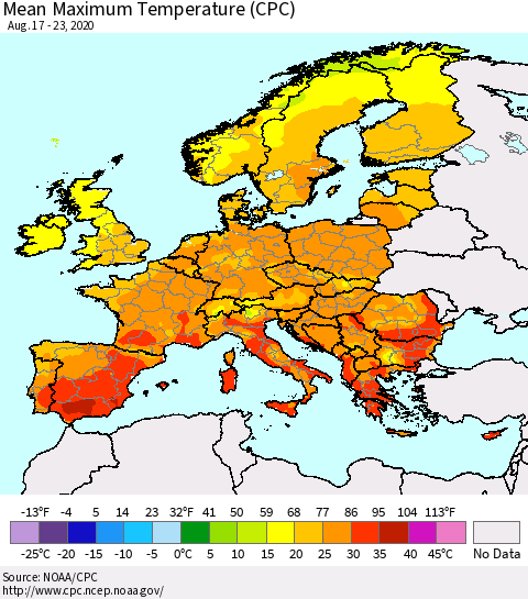 Europe Mean Maximum Temperature (CPC) Thematic Map For 8/17/2020 - 8/23/2020