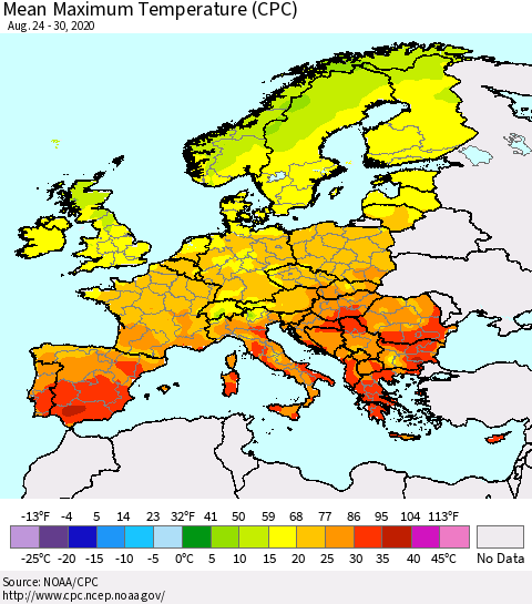 Europe Mean Maximum Temperature (CPC) Thematic Map For 8/24/2020 - 8/30/2020