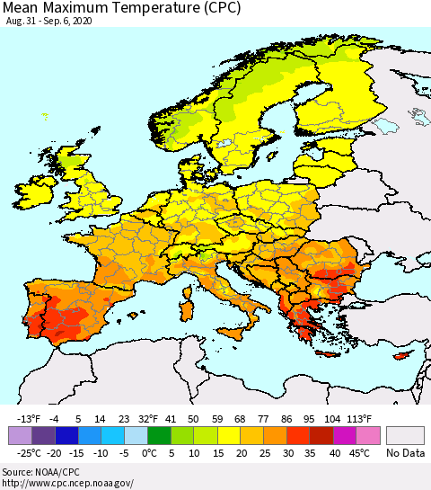 Europe Mean Maximum Temperature (CPC) Thematic Map For 8/31/2020 - 9/6/2020