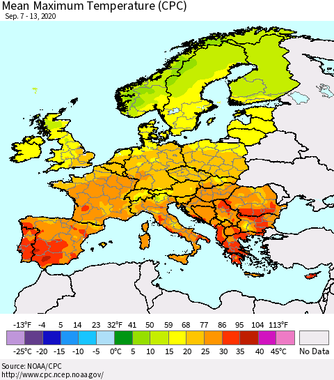 Europe Mean Maximum Temperature (CPC) Thematic Map For 9/7/2020 - 9/13/2020