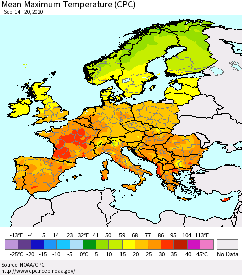 Europe Mean Maximum Temperature (CPC) Thematic Map For 9/14/2020 - 9/20/2020