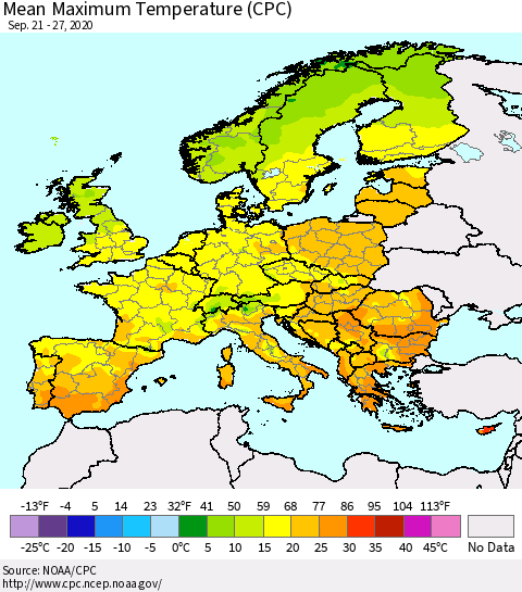 Europe Mean Maximum Temperature (CPC) Thematic Map For 9/21/2020 - 9/27/2020