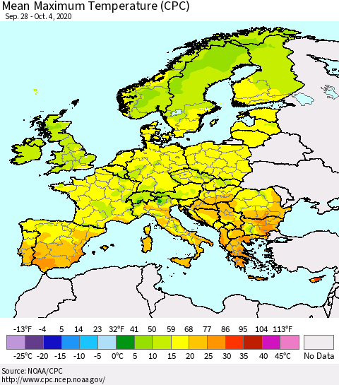 Europe Mean Maximum Temperature (CPC) Thematic Map For 9/28/2020 - 10/4/2020