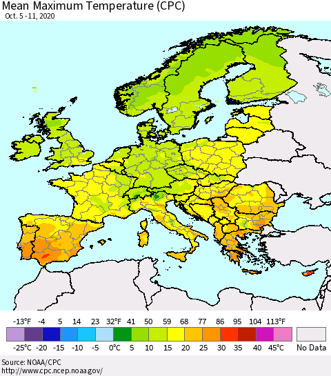 Europe Mean Maximum Temperature (CPC) Thematic Map For 10/5/2020 - 10/11/2020