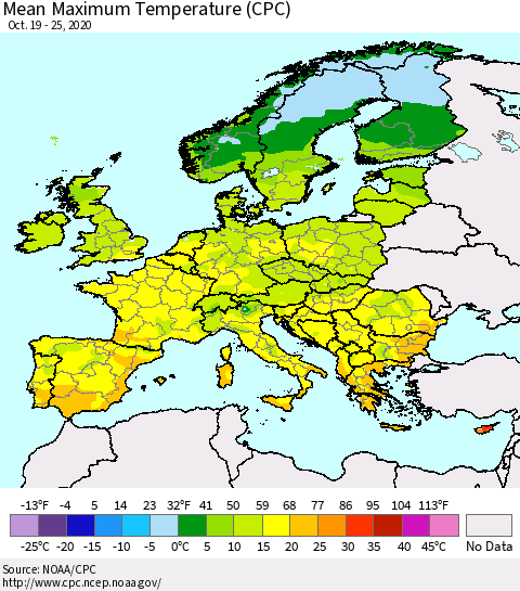 Europe Mean Maximum Temperature (CPC) Thematic Map For 10/19/2020 - 10/25/2020