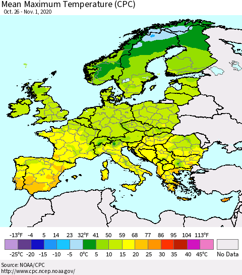 Europe Mean Maximum Temperature (CPC) Thematic Map For 10/26/2020 - 11/1/2020