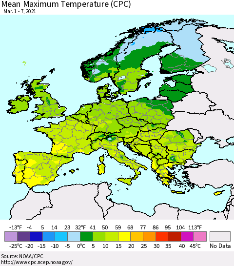 Europe Mean Maximum Temperature (CPC) Thematic Map For 3/1/2021 - 3/7/2021