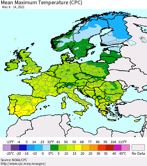 Europe Mean Maximum Temperature (CPC) Thematic Map For 3/8/2021 - 3/14/2021