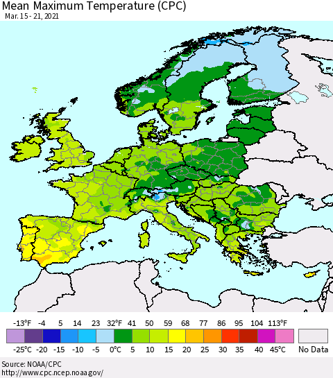 Europe Mean Maximum Temperature (CPC) Thematic Map For 3/15/2021 - 3/21/2021