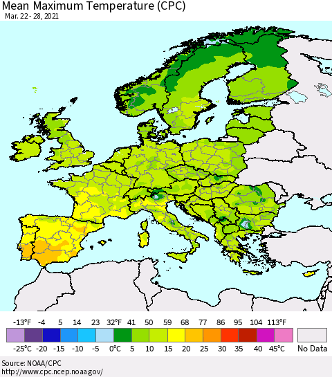 Europe Mean Maximum Temperature (CPC) Thematic Map For 3/22/2021 - 3/28/2021