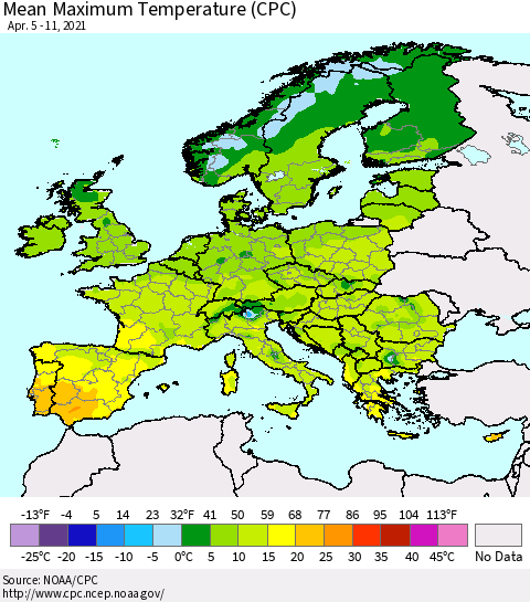 Europe Mean Maximum Temperature (CPC) Thematic Map For 4/5/2021 - 4/11/2021