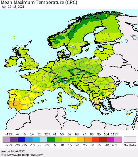 Europe Mean Maximum Temperature (CPC) Thematic Map For 4/12/2021 - 4/18/2021