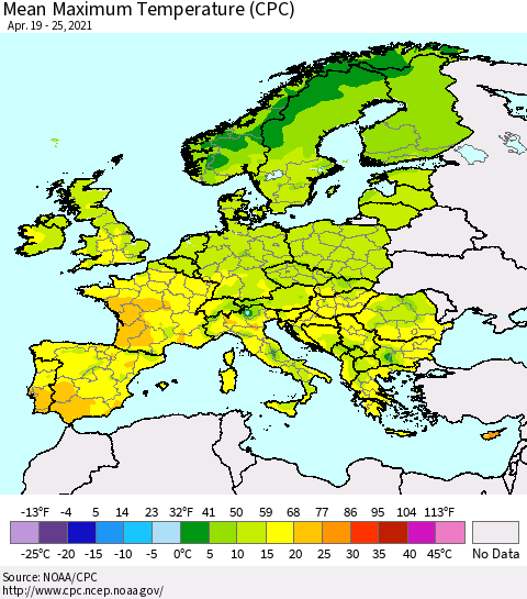 Europe Mean Maximum Temperature (CPC) Thematic Map For 4/19/2021 - 4/25/2021