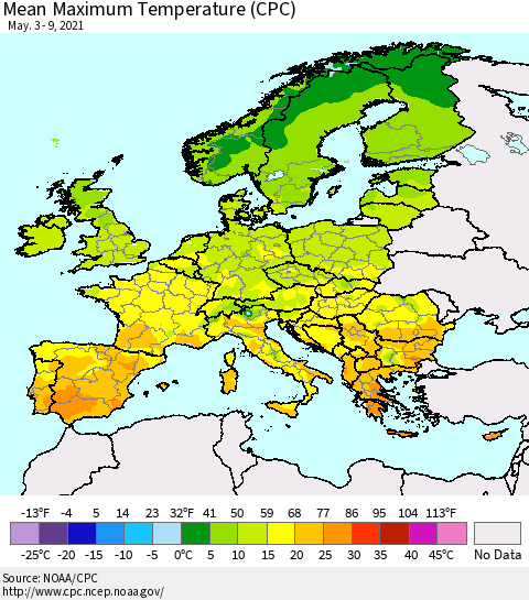 Europe Mean Maximum Temperature (CPC) Thematic Map For 5/3/2021 - 5/9/2021