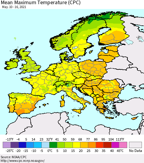 Europe Mean Maximum Temperature (CPC) Thematic Map For 5/10/2021 - 5/16/2021