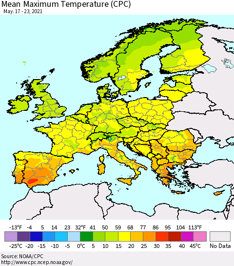 Europe Mean Maximum Temperature (CPC) Thematic Map For 5/17/2021 - 5/23/2021