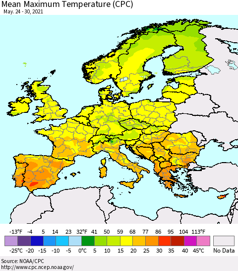 Europe Mean Maximum Temperature (CPC) Thematic Map For 5/24/2021 - 5/30/2021