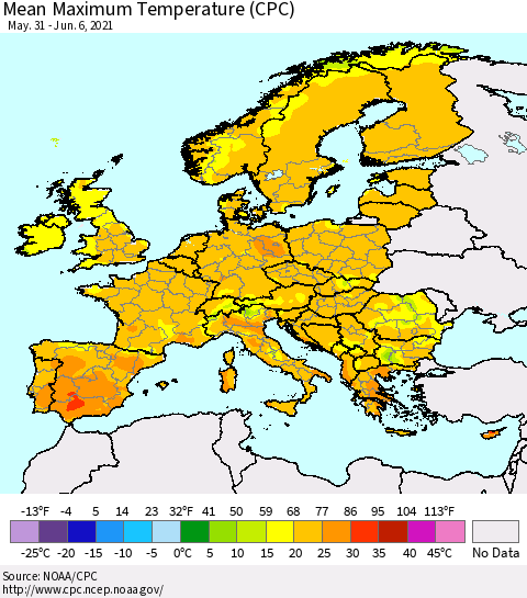 Europe Mean Maximum Temperature (CPC) Thematic Map For 5/31/2021 - 6/6/2021
