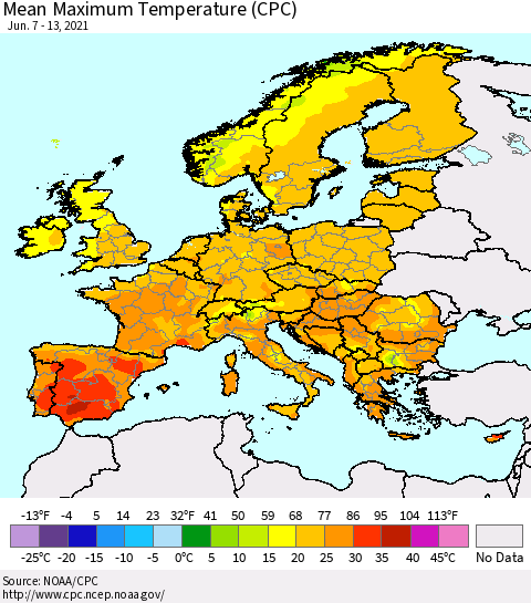 Europe Mean Maximum Temperature (CPC) Thematic Map For 6/7/2021 - 6/13/2021