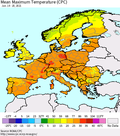 Europe Mean Maximum Temperature (CPC) Thematic Map For 6/14/2021 - 6/20/2021