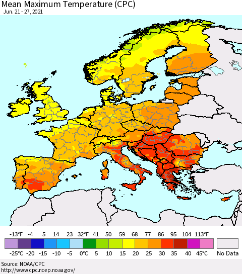 Europe Mean Maximum Temperature (CPC) Thematic Map For 6/21/2021 - 6/27/2021