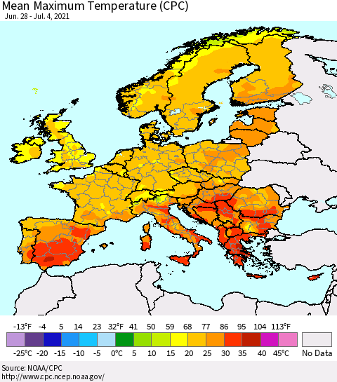 Europe Mean Maximum Temperature (CPC) Thematic Map For 6/28/2021 - 7/4/2021